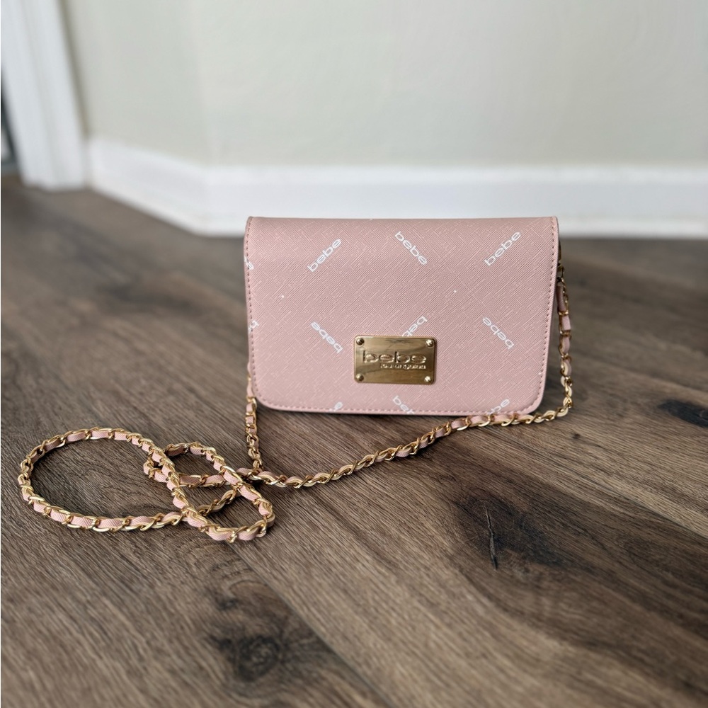 bebe Blush Pink Logo Crossbody with Gold Chain